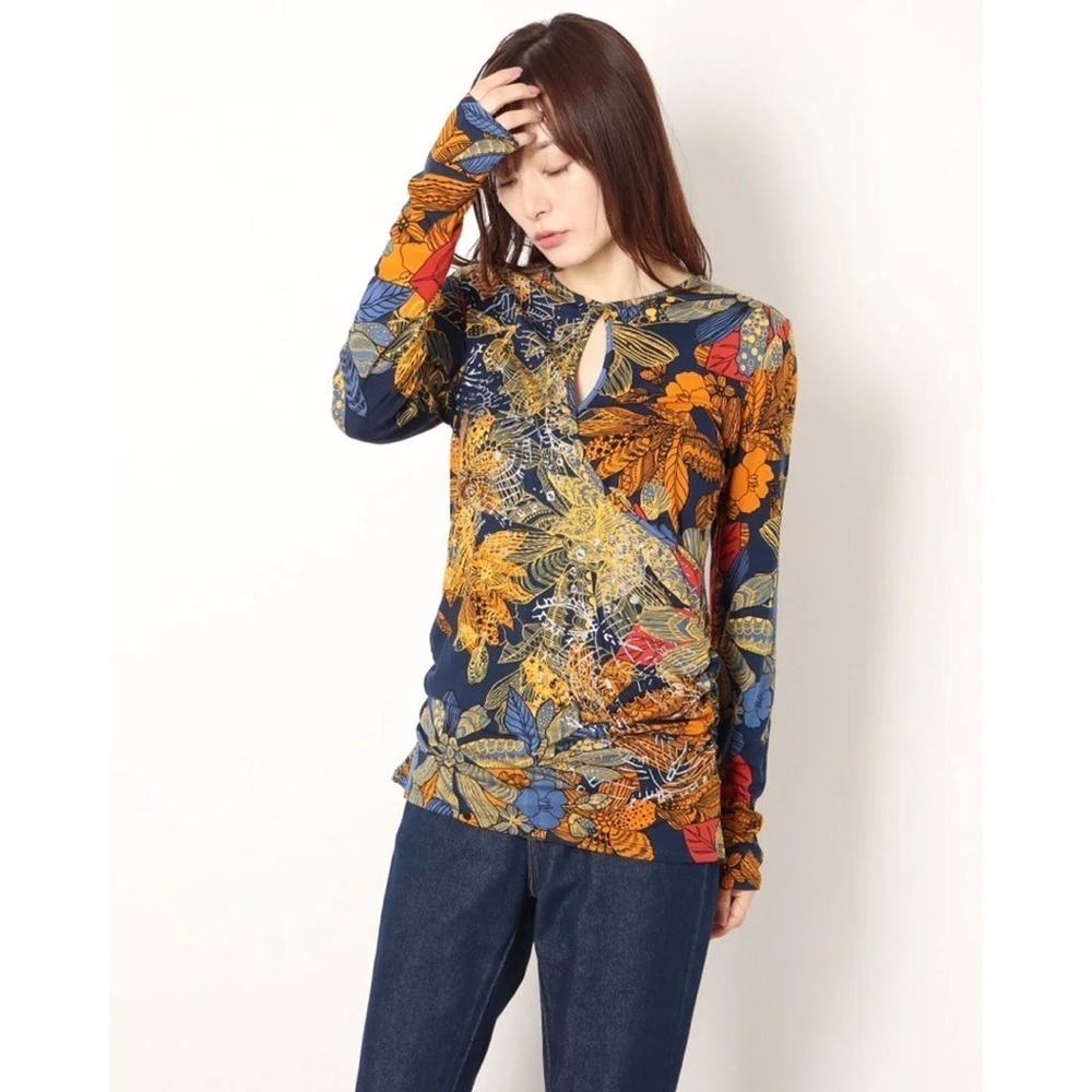 Desigual Multicoloured Floral Faux Wrap Keyhole Long Sleeve Top - Ruched Sides